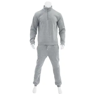 Full view of a men's grey fleece tracksuit set featuring a half-zip pullover and joggers