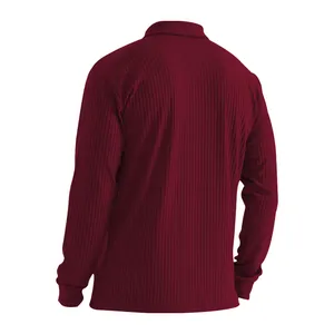 Detailed back view of a slim fit ribbed long sleeve polo shirt in elegant maroon