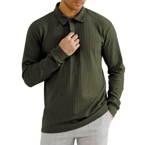Close-up of a men's olive green ribbed long sleeve polo shirt featuring classic buttons