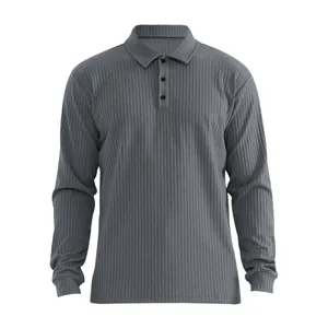 Classic men's slim fit grey ribbed long sleeve polo shirt with a stylish turn-down collar