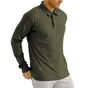 Detailed view of army green ribbed long-sleeve polo shirt for men featuring classic button lapel