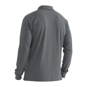 Back view detail of men's gray long-sleeve ribbed polo shirt showing texture.