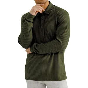 Detail of olive green ribbed texture on men's long sleeve polo shirt