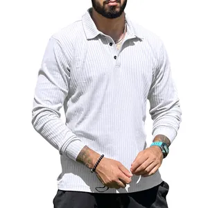 Men's casual long-sleeve polo shirt featuring a white ribbed fabric for daily comfort