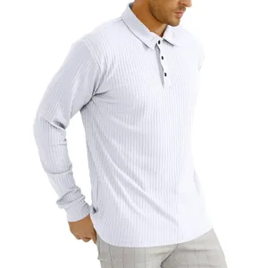 Macro view of light purple men's long-sleeve polo shirt featuring a classic ribbed texture