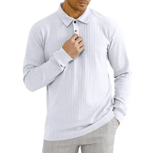 Detail of a white long-sleeved ribbed Polo shirt with a classic collar for men