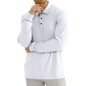 Detailed view of men's white long sleeve ribbed polo shirt with button placket