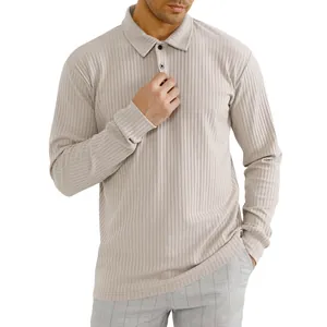 Classic men's beige ribbed long sleeve polo shirt with buttoned collar detail
