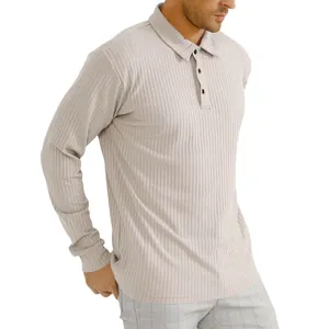 Detail view of a men's classic long sleeve ribbed polo shirt in light beige with collar buttons