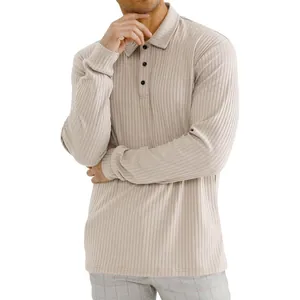 Close-up detail of a men's casual ribbed long-sleeve polo shirt with button lapel
