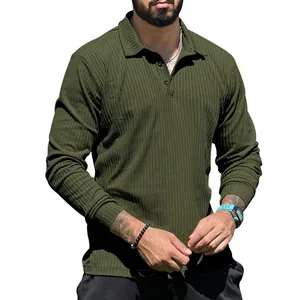 Men's slim fit olive green long sleeve ribbed polo shirt for autumn casual wear