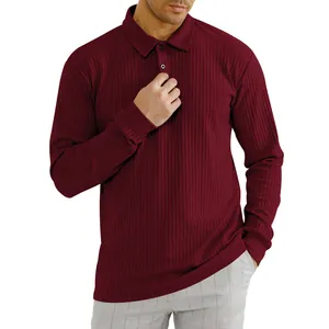 Close-up of burgundy ribbed long sleeve polo shirt with buttoned lapel collar