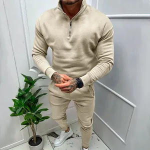 Men's solid color khaki fleece-lined sportswear set with half-zip sweatshirt and joggers