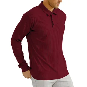 Detailed view of the burgundy ribbed knit texture on a men's long sleeve polo shirt