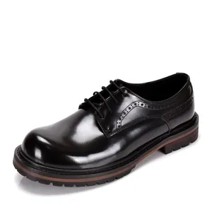 Zapatos Derby de Cuir de Vaca para Hombre Británico Business Brogue Punta Redonda Cordones Suela Gruesa Zapatos de Cuero Bruñido para Hombre