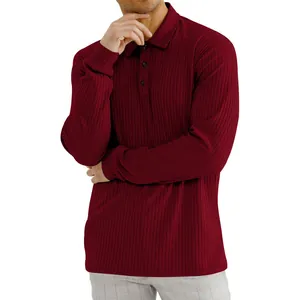 Close-up detail of men's burgundy ribbed long sleeve polo shirt with classic collar