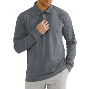 Close-up of grey long-sleeved polo shirt with vertical ribbed texture and button collar