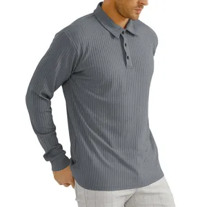 Close-up of men's grey ribbed long-sleeve polo shirt with buttoned lapel collar.