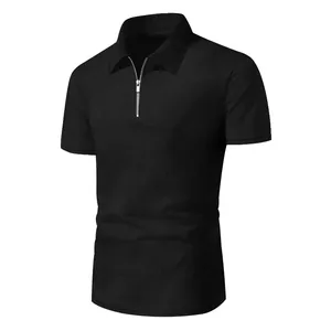 Polo casual da uomo nera con cerniera e tessuto a maglia con trama a nido d'ape