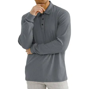 Macro detail of men's grey ribbed long-sleeve polo shirt featuring a classic button placket.