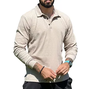 Men's casual beige ribbed long sleeve polo shirt featuring a classic lapel collar