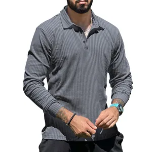 Classic men's casual long-sleeve ribbed polo shirt in solid grey with button collar