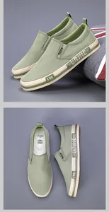 Detailed view of sage green men's canvas loafers with flexible slip-on design