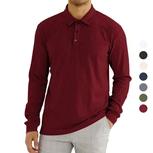 Men's classic burgundy long sleeve ribbed polo shirt with buttoned lapel collar