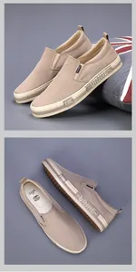 Close-up detail of stylish men's washed canvas slip-on loafers in a versatile khaki shade