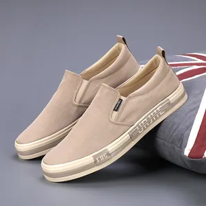 Stylish men's khaki washed cloth slip-on loafers with durable flat rubber soles