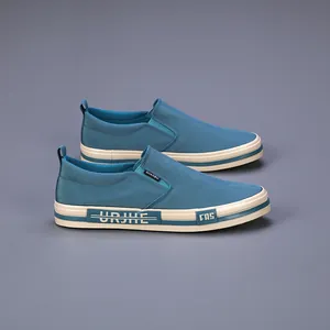 Men's blue washed canvas slip-on shoes with thick white rubber sole and casual design.