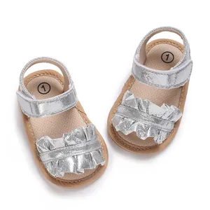 Silver baby girl princess walking sandals with ruffled straps and soft non-slip soles