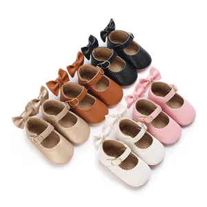 Baby Girl First Walker Shoes Soft Sole Anti-Slip Bow Mary Jane PU Leather Toddler Infant Shoes Scalloped Edge