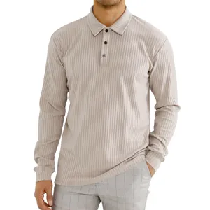 Men's ribbed long-sleeve polo shirt with loose fit and lapel collar in beige