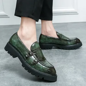 Heren Dubbele Monk Strap Loafers Lakleer Krokodillenpatroon Dikke Zool Hoogteverhogend Casual Nette Schoenen Antislip Mode Leren Schoenen