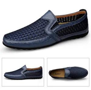 Vista detallada de mocasines de malla azul transpirable para hombre desde varios ángulos de visión