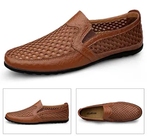 Mocasines de malla marrón transpirable para hombre mostrados en varios ángulos