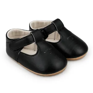 Detailed view of black T-strap baby princess walker shoes for 0-1 year olds