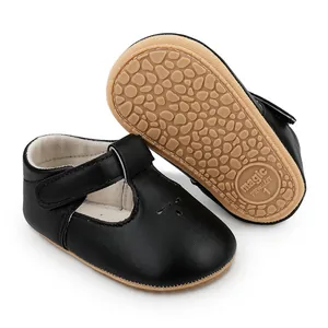 Black leather baby Mary Jane prewalker shoes with non-slip rubber sole detail