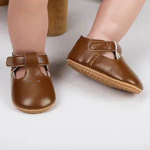 Brown T-strap baby princess shoes for 0-1 year old infants with rubber soles