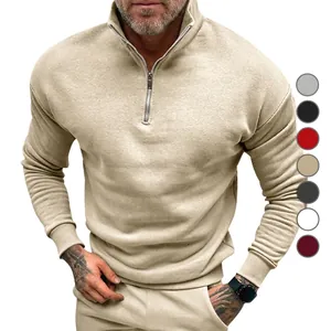Detail view of men's fleece-lined half-zip sweatshirt with stand collar in khaki finish.