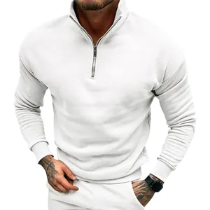 Men's casual white long sleeve half-zip polo sweatshirt with stand collar and fleece lining