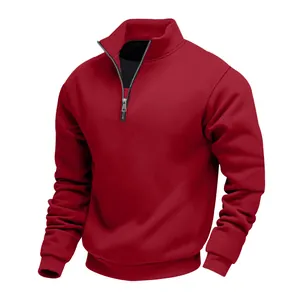 Felpa da uomo rossa con mezza zip e fodera in pile per il tempo libero in autunno inverno