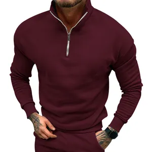 Men's solid burgundy quarter-zip fleece sweatshirt with stand collar texture detail