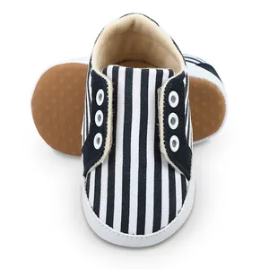 Détail de chaussures de marche pour bébé avec rayures marine et semelles antidérapantes.