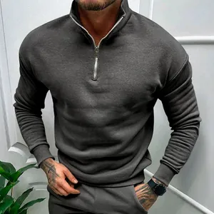 Close-up showing the silver zipper and polo collar of a dark grey men's sweatshirt
