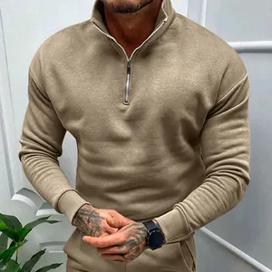 Detailed close-up of men's khaki half-zip stand collar sweatshirt showing premium fabric