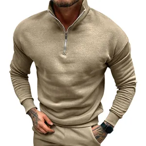 Detail of men's khaki half-zip sweatshirt with a comfortable stand collar design.