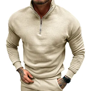 Detail of men's beige half-zip fleece sweatshirt with elegant stand collar design