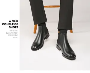 Close-up of black genuine leather men's Chelsea boots with elegant slip-on design
